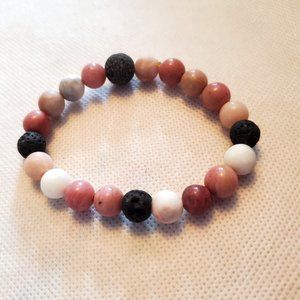 Pink Stone and Lava Bead Stretch Bracelet Simple Style Design Fashion Artisan